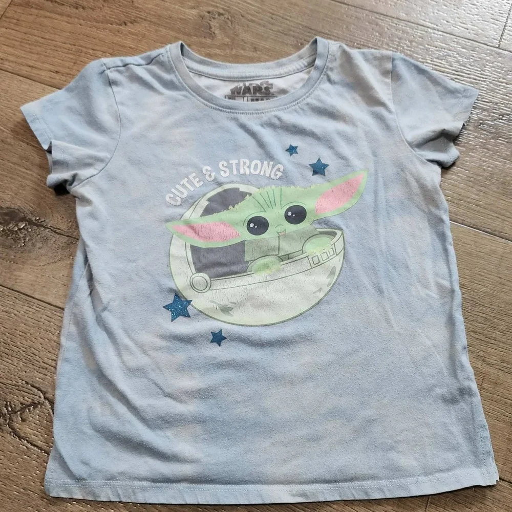 Star Wars Grogu Baby Yoda Cute & Strong Blue Acid Wash Tee Kids Size s